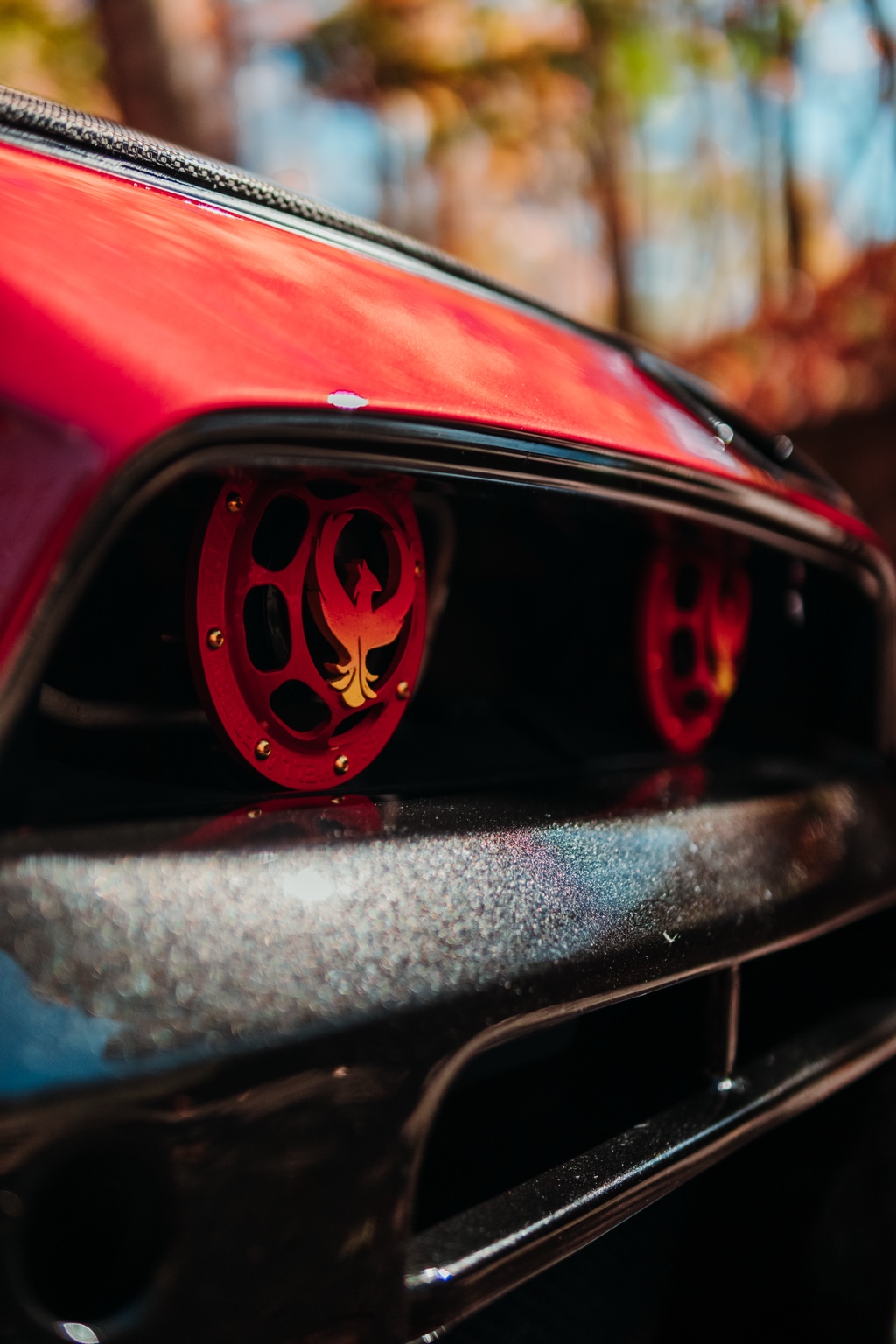 Close-up of custom red horn hardware behind a dark automotive grille